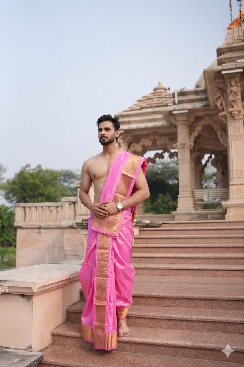 Man wearing a traditional bright pink pure silk dhoti with angavastram