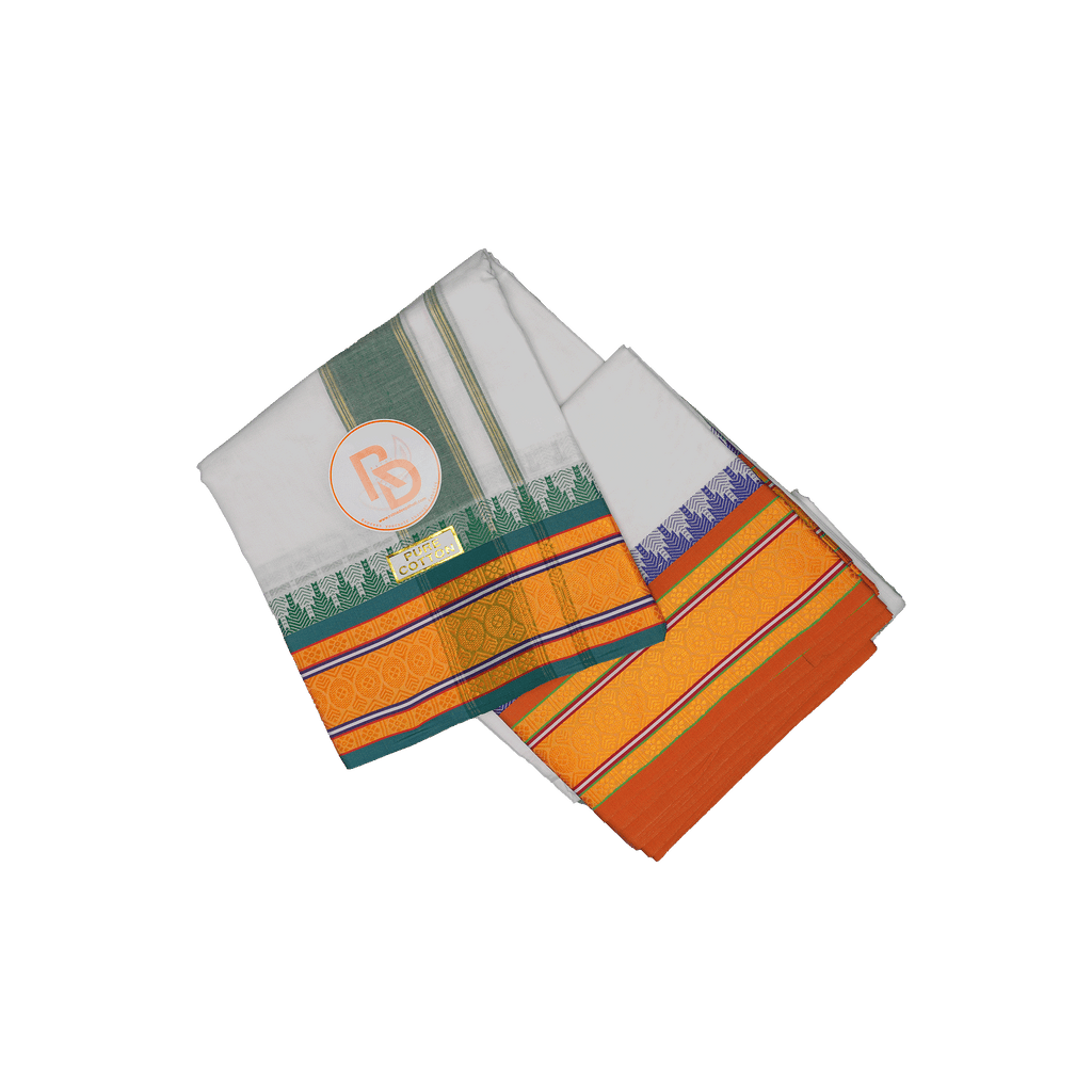 Premium White Cotton Dhoti (10 × 6) with Mustard-Gold Temple Border & Green Accents Ratnadeep Dhoti