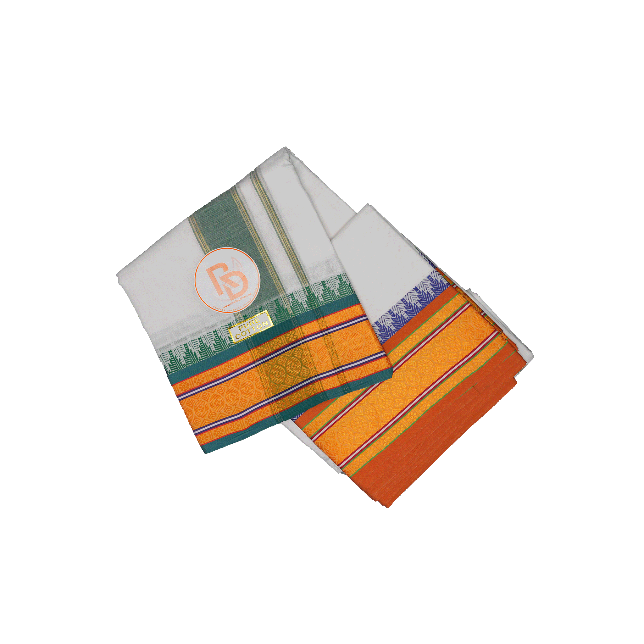 Premium White Cotton Dhoti (10 × 6) with Mustard-Gold Temple Border & Green Accents Ratnadeep Dhoti