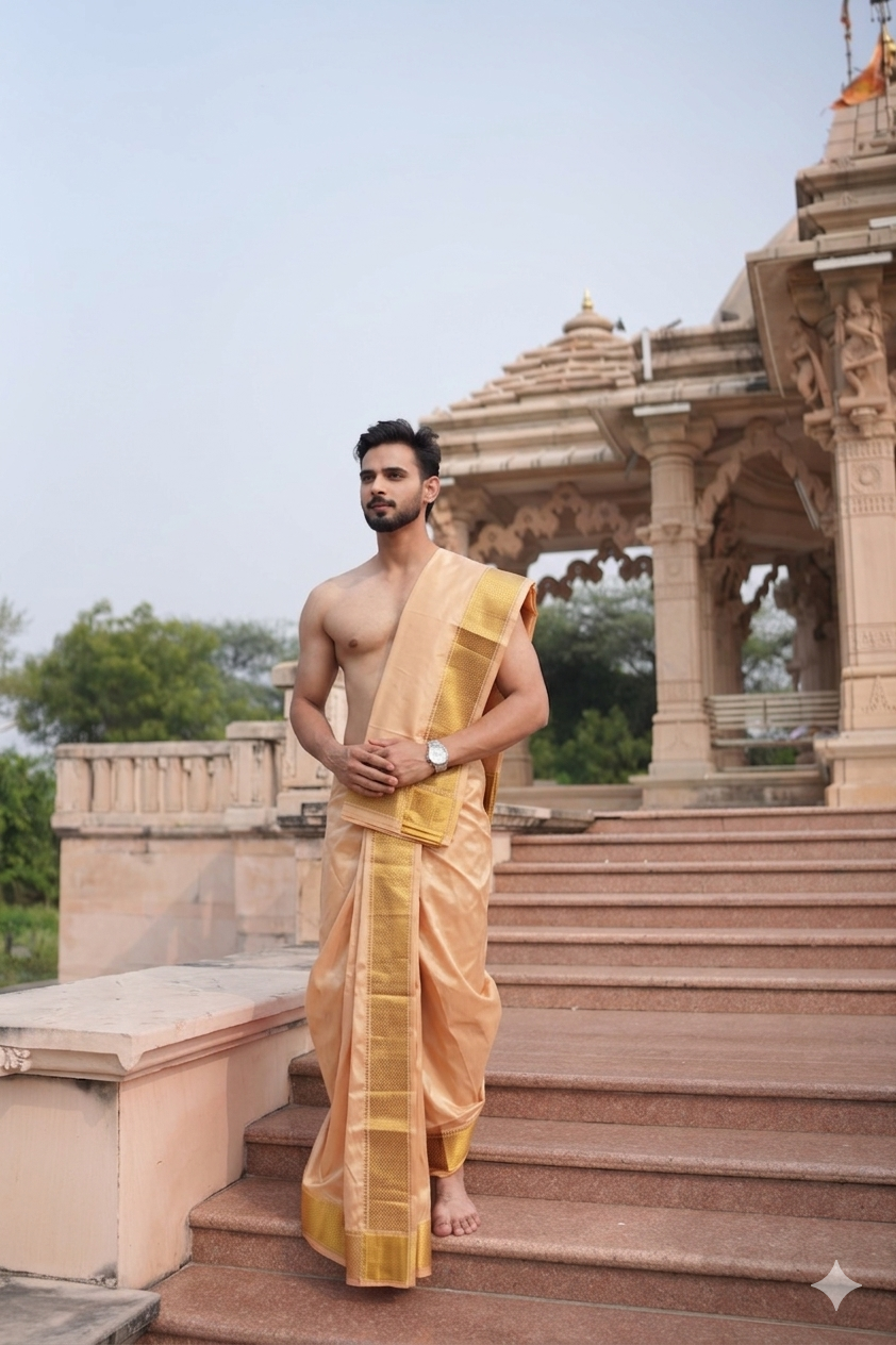 Man wearing a warm twine gold dhoti with matching khes