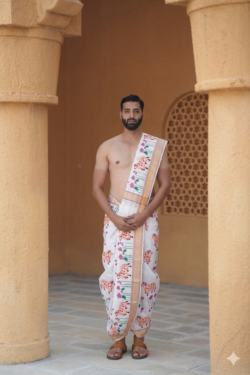 Men attire traditional cow print design dhoti with uparana