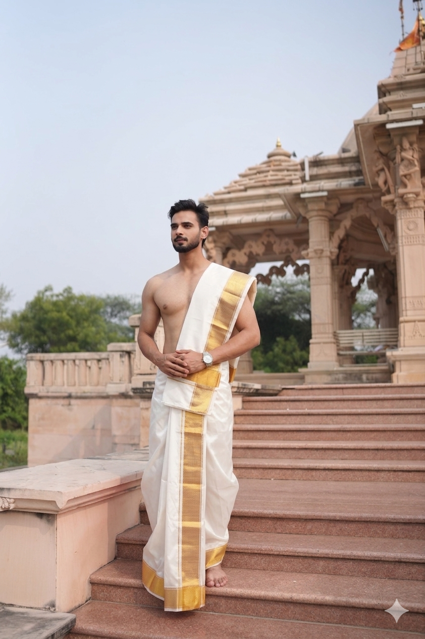 Man wearing a premium white pure silk dhoti with matching khes