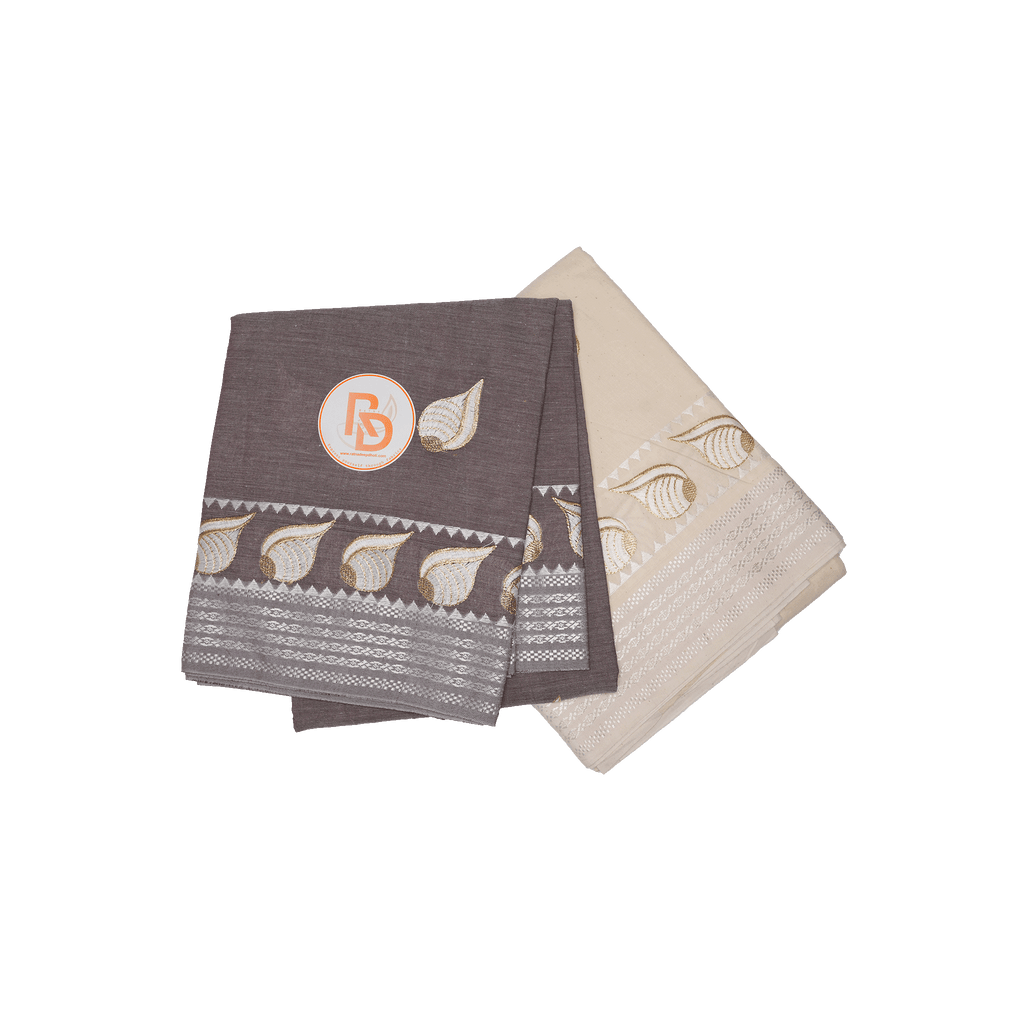 Brown Cotton Dhoti with Uparana | Silver Border & Shell Design Dhoti Set
