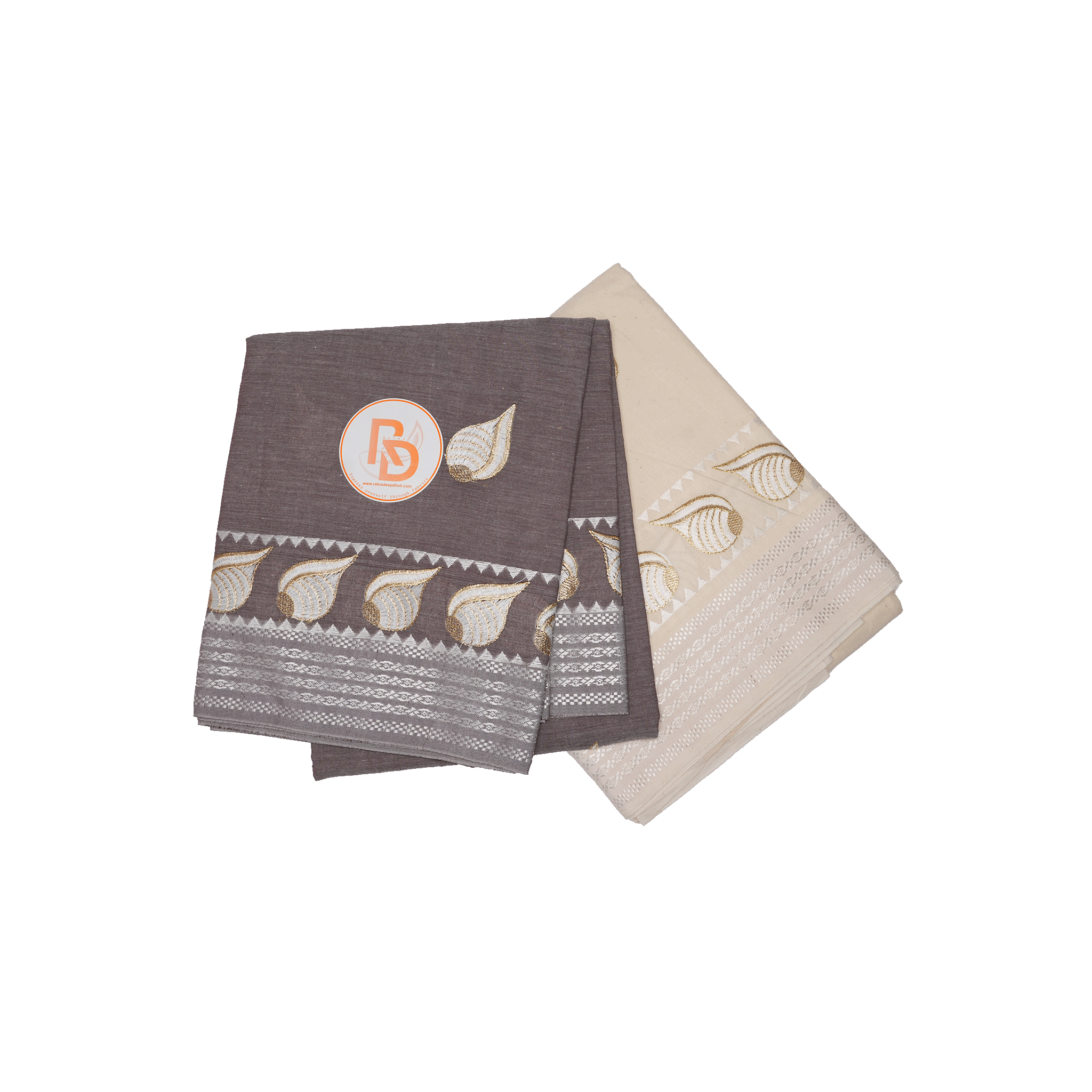 Brown Cotton Dhoti with Uparana | Silver Border & Shell Design Dhoti Set