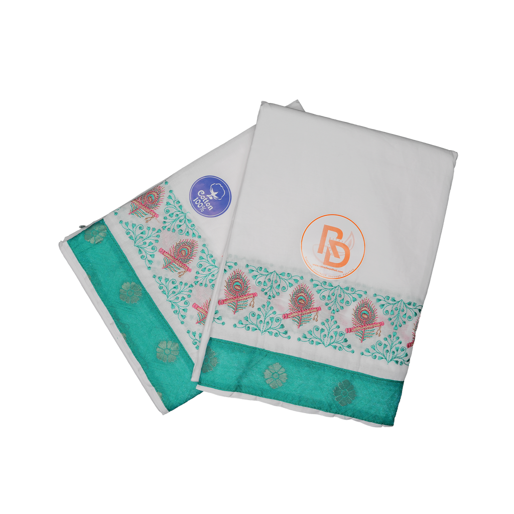 White Cotton Dhoti Set with Teal Green Peacock Feather Jacquard Border