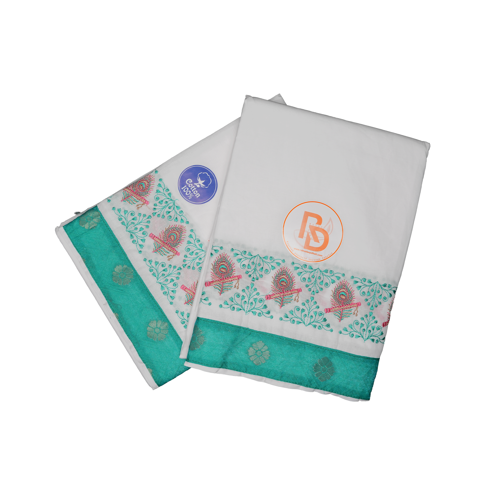 White Cotton Dhoti Set with Teal Green Peacock Feather Jacquard Border
