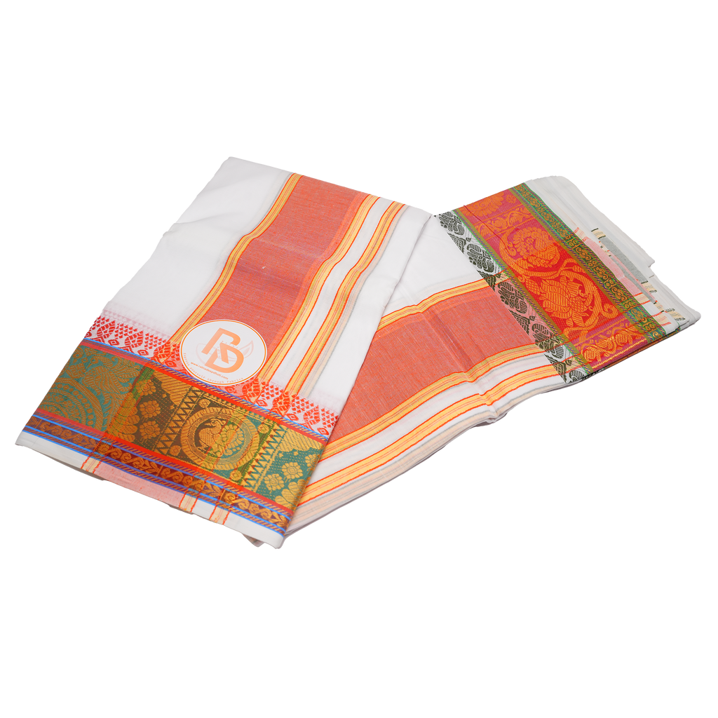 Pure cotton peacock zari design bordered white dhoti set