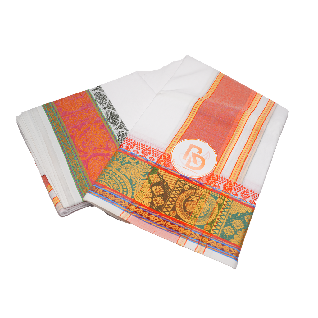 Pure cotton peacock zari design bordered white dhoti set