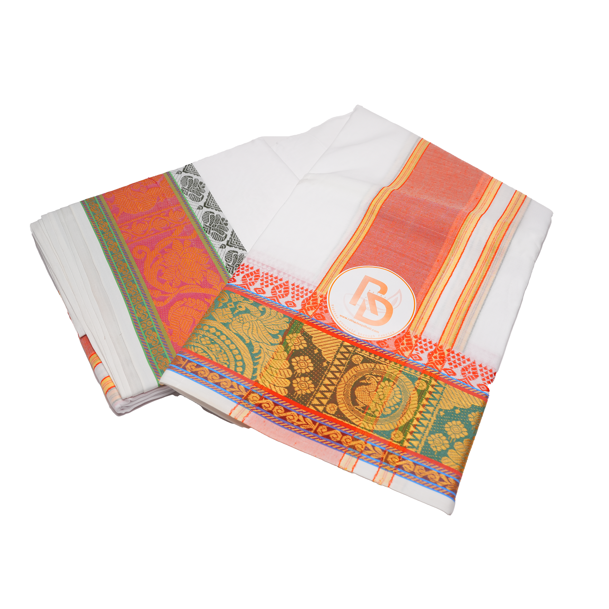 Pure cotton peacock zari design bordered white dhoti set