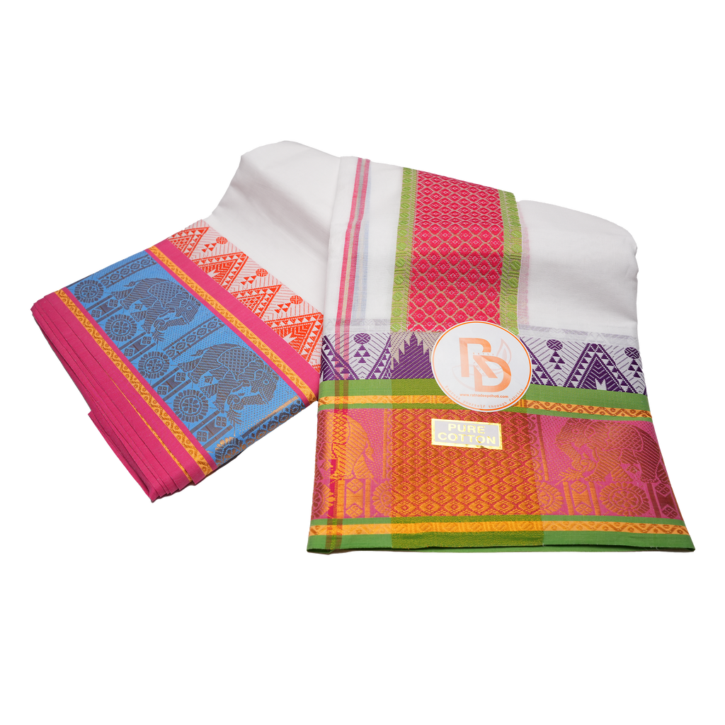 golden elephant jacquard border cotton dhoti set