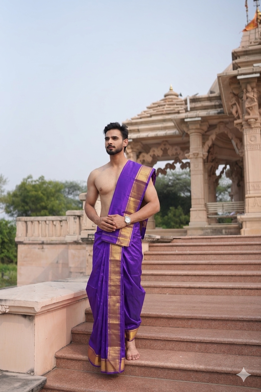 Man wearing a purple traditional silk dhoti with gold accents border