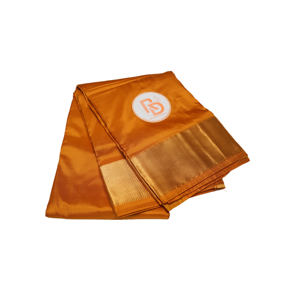 Pure silk classic orange dhoti with golden zigzag border