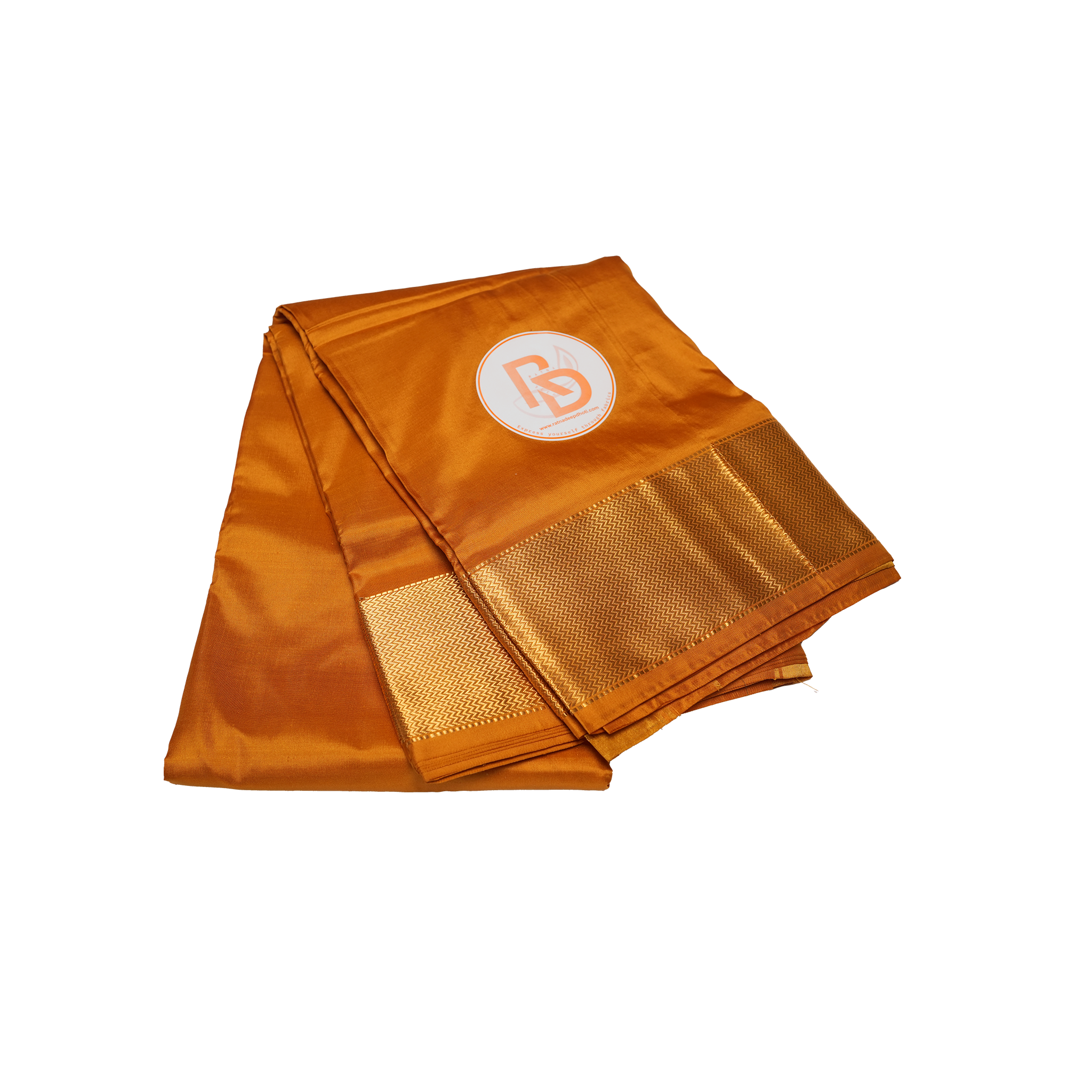 Pure silk classic orange dhoti with golden zigzag border