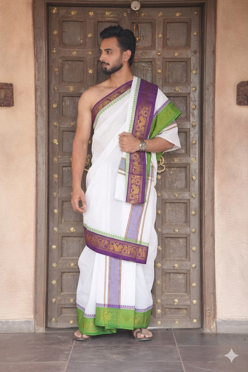 Man wearing a traditional white Dhoti with green and purple border in front of a wooden door.