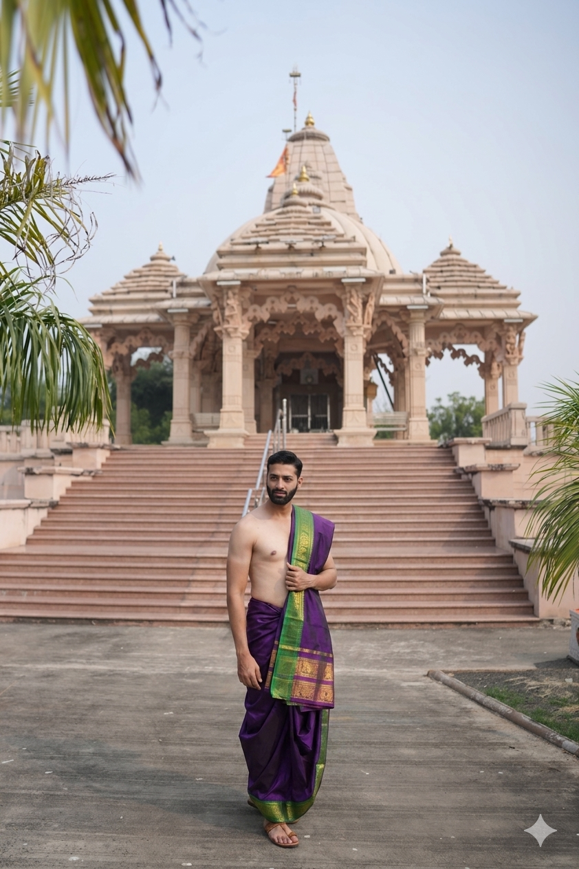 Man in traditional attire standing in front of a temple