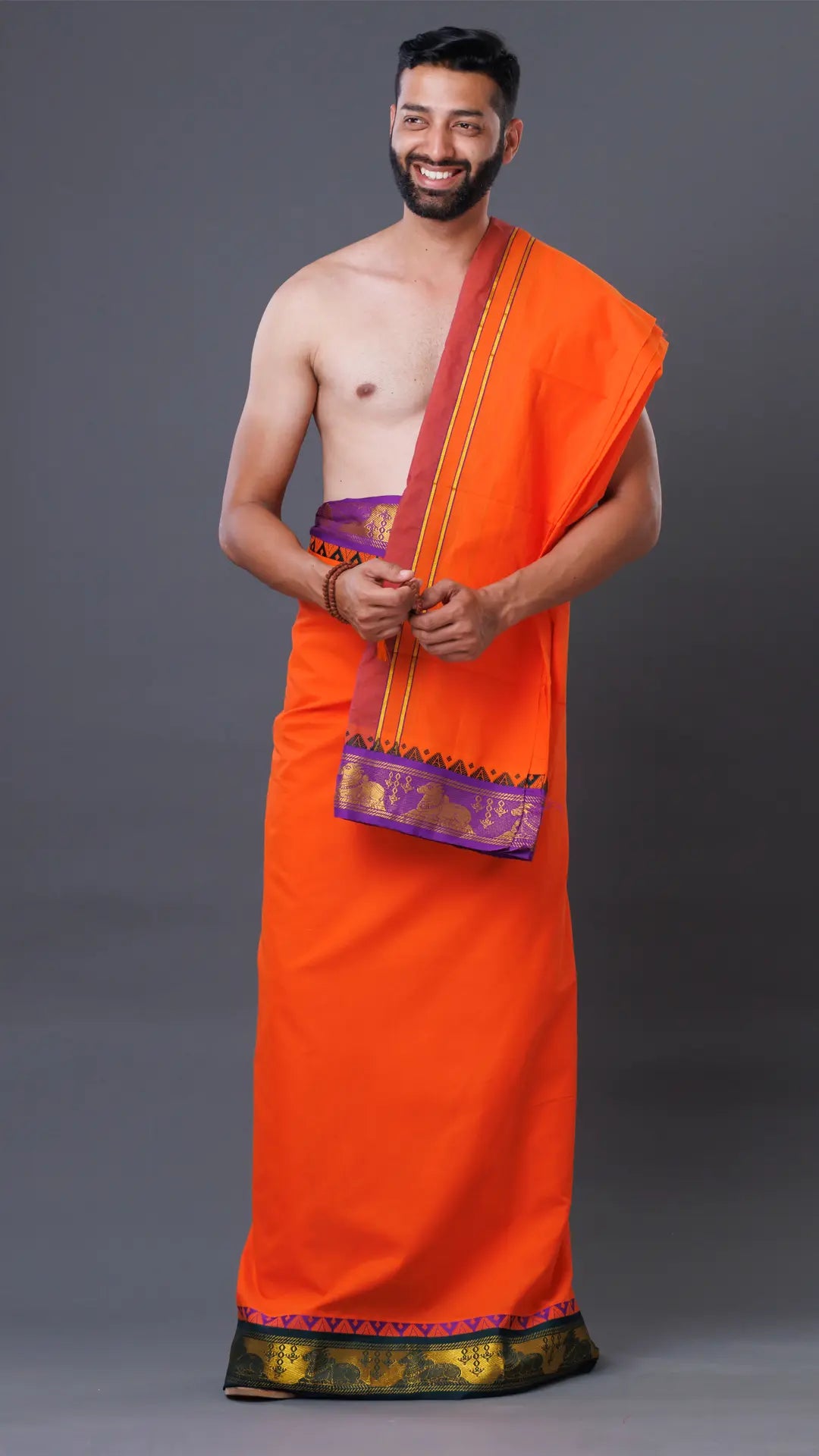 "Orange Cotton Dhoti & Uparana Set with Big Border ratnadeepdhoti