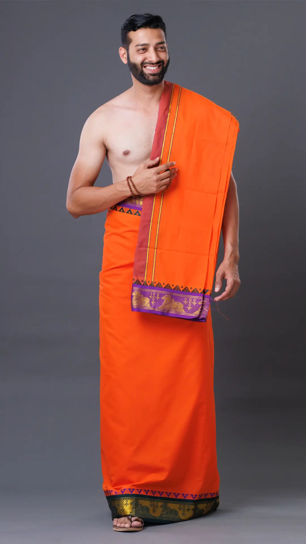 Big Border Orange  Cotton Dhoti & Uparana Set ratnadeepdhoti