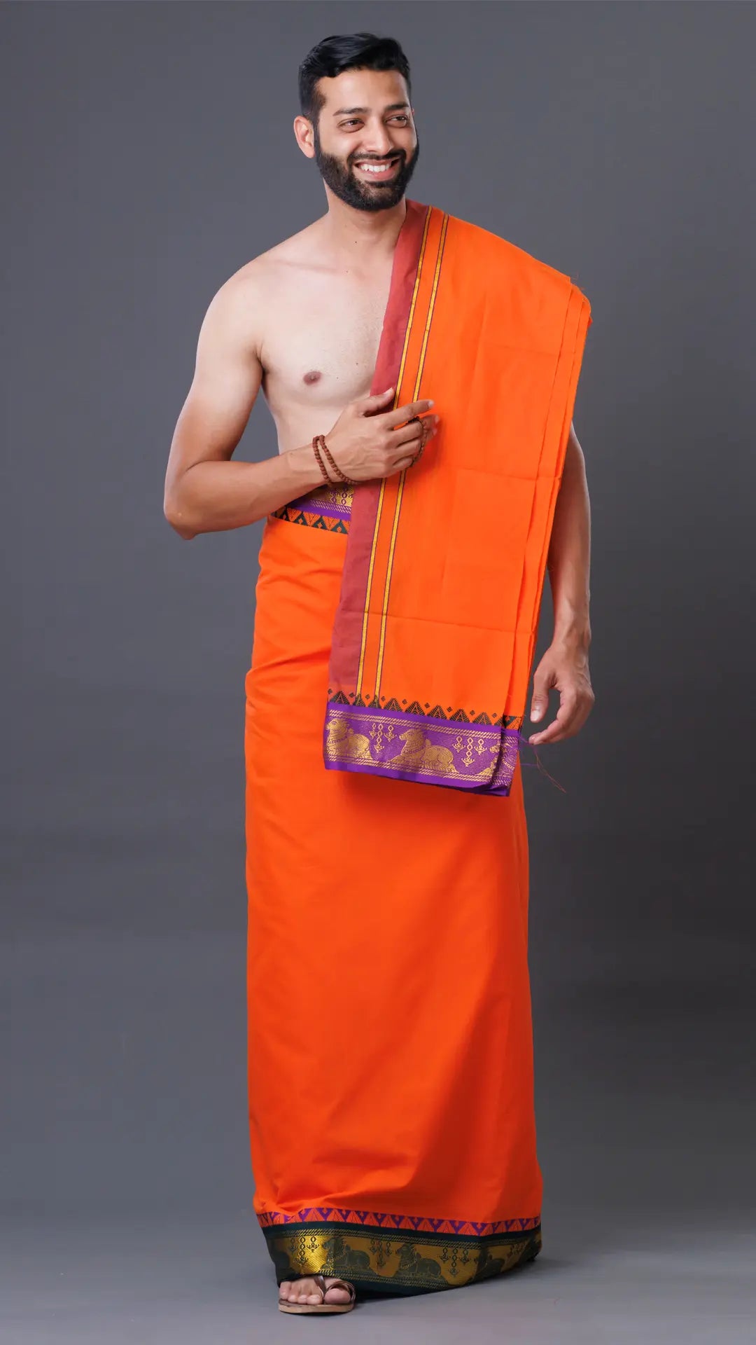 Big Border Orange  Cotton Dhoti & Uparana Set ratnadeepdhoti