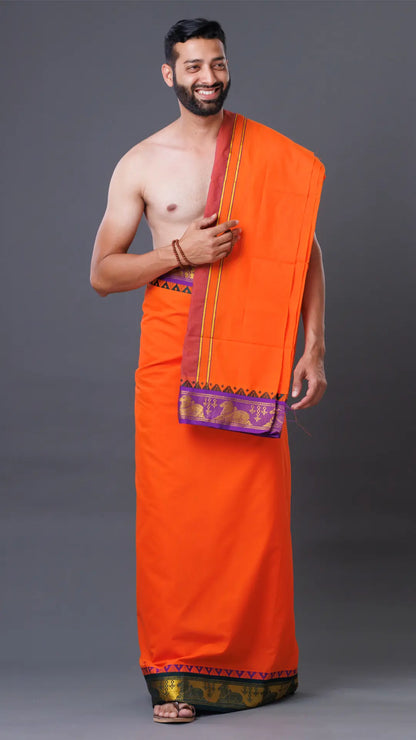 Big Border Orange  Cotton Dhoti & Uparana Set ratnadeepdhoti