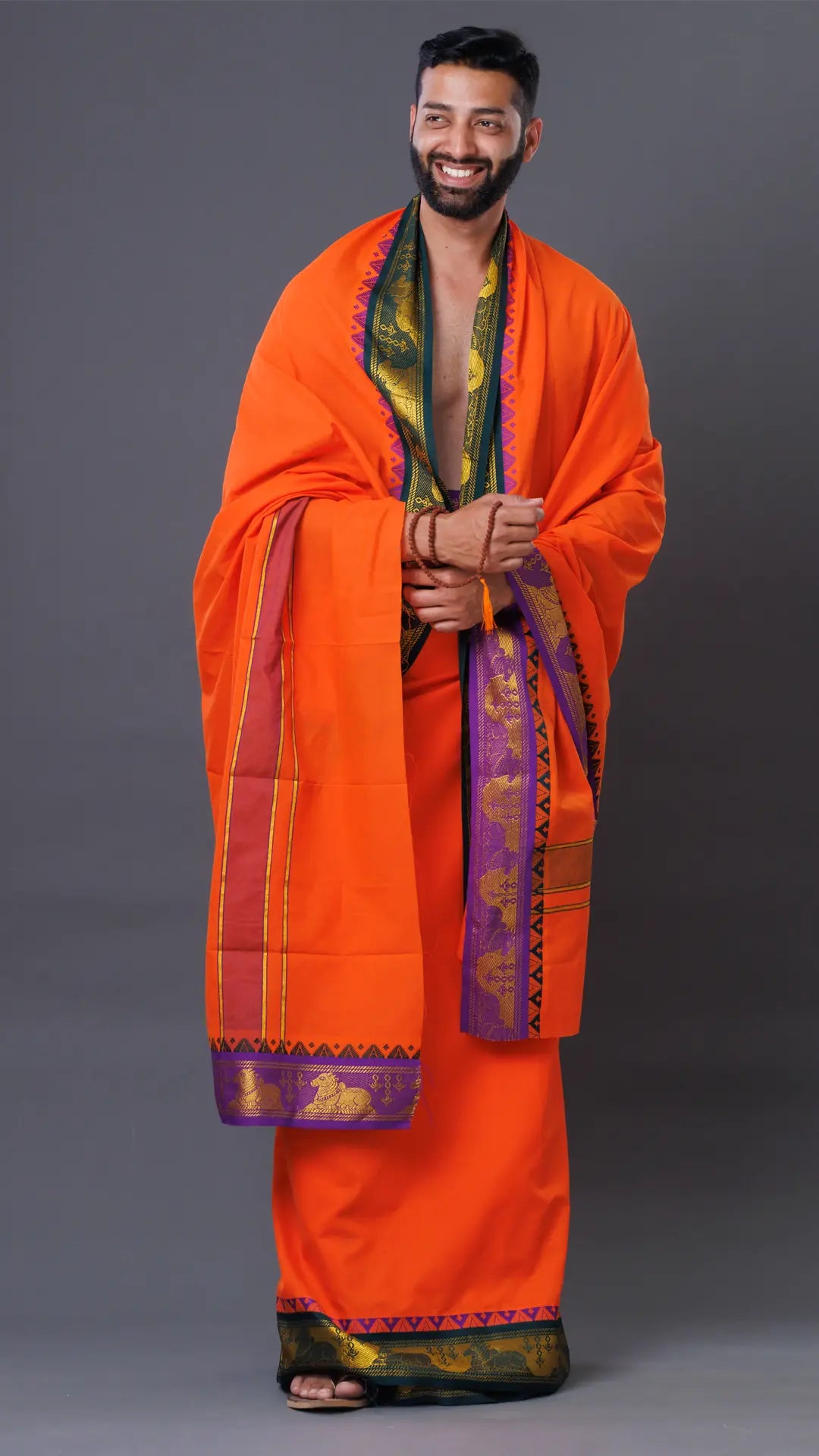 Big Border Orange  Cotton Dhoti & Uparana Set ratnadeepdhoti