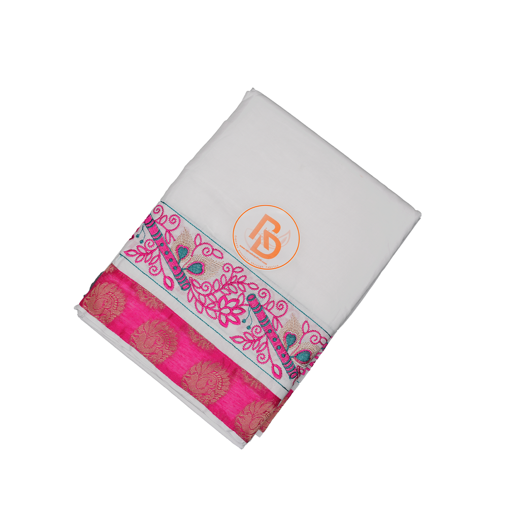 white cotton dhoti set for men with Rani pink zari border and matching uparana