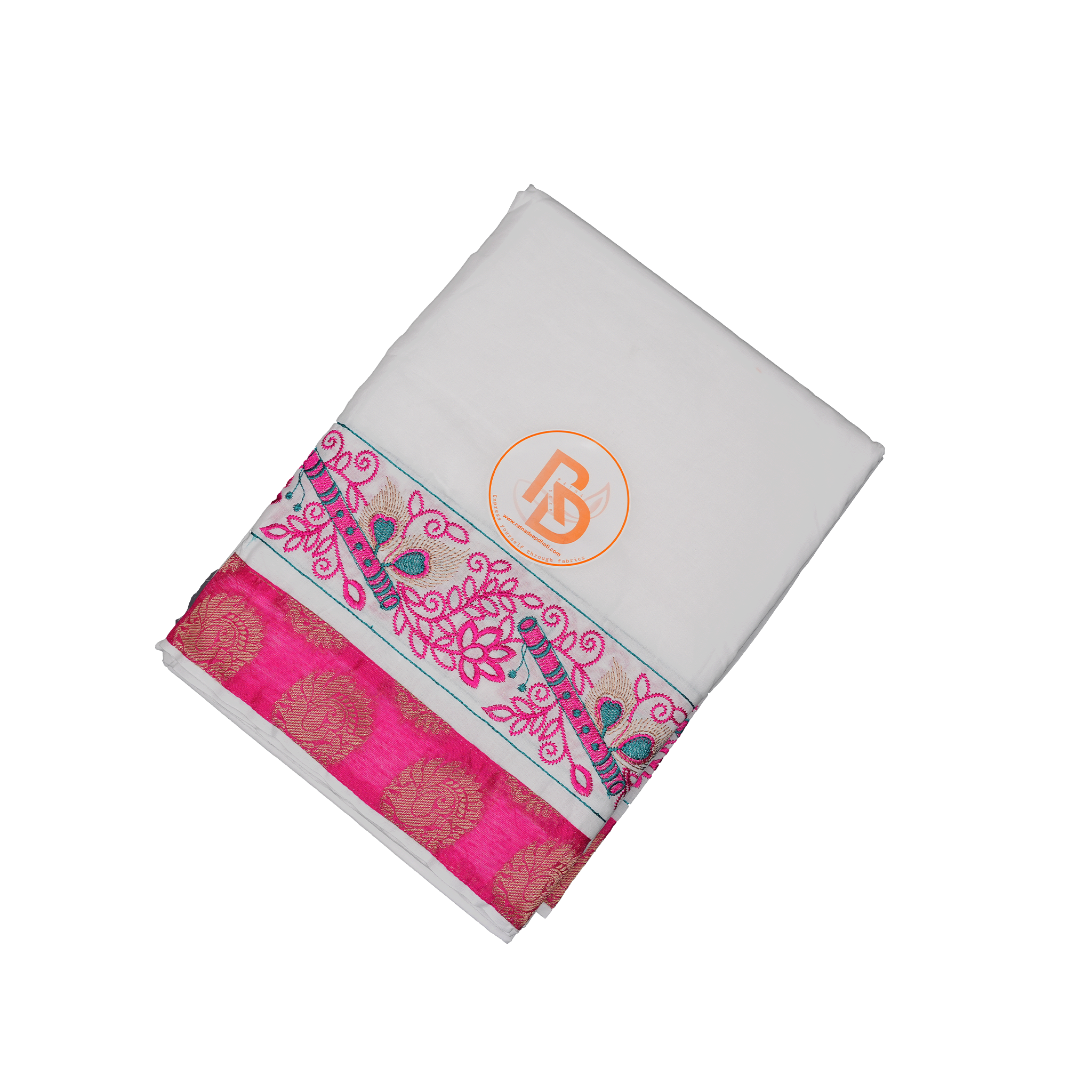 white cotton dhoti set for men with Rani pink zari border and matching uparana