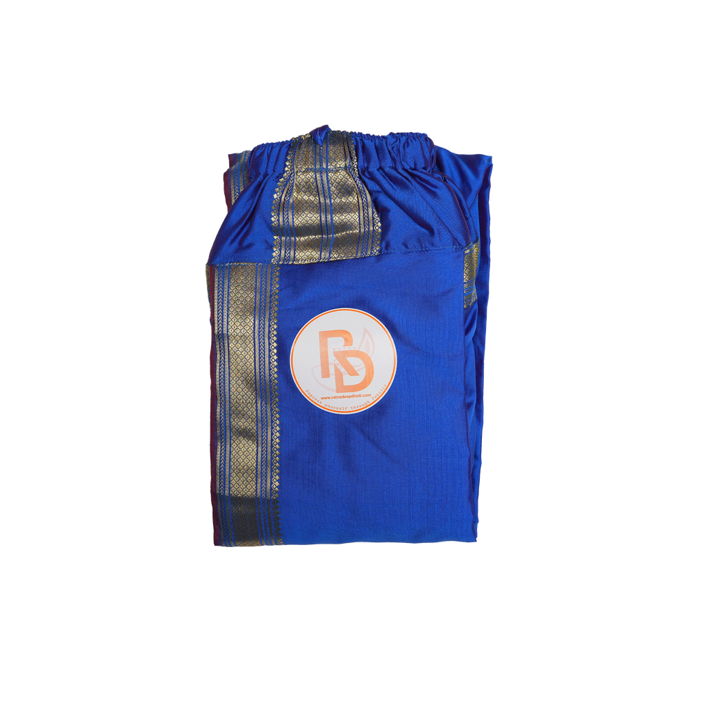 Royal Blue Readymade Silk Dhoti with Rich Gold Zari Border | Premium Artificial Silk Ready-to-Wear Dhoti for Men Ratnadeep Dhoti