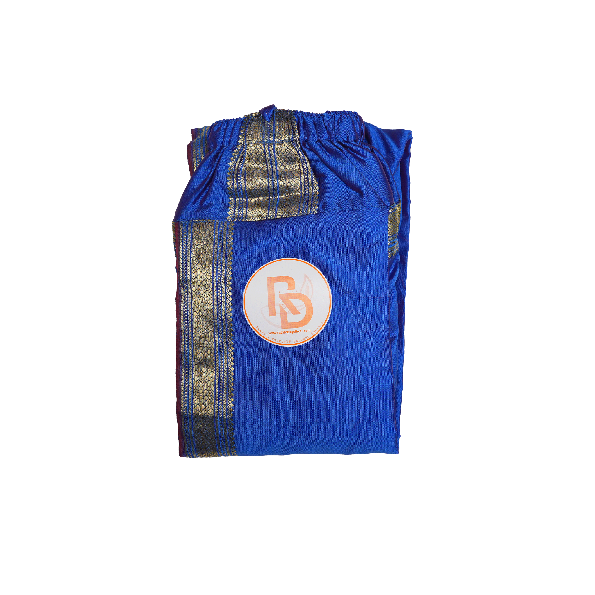 Royal Blue Readymade Silk Dhoti with Rich Gold Zari Border | Premium Artificial Silk Ready-to-Wear Dhoti for Men Ratnadeep Dhoti