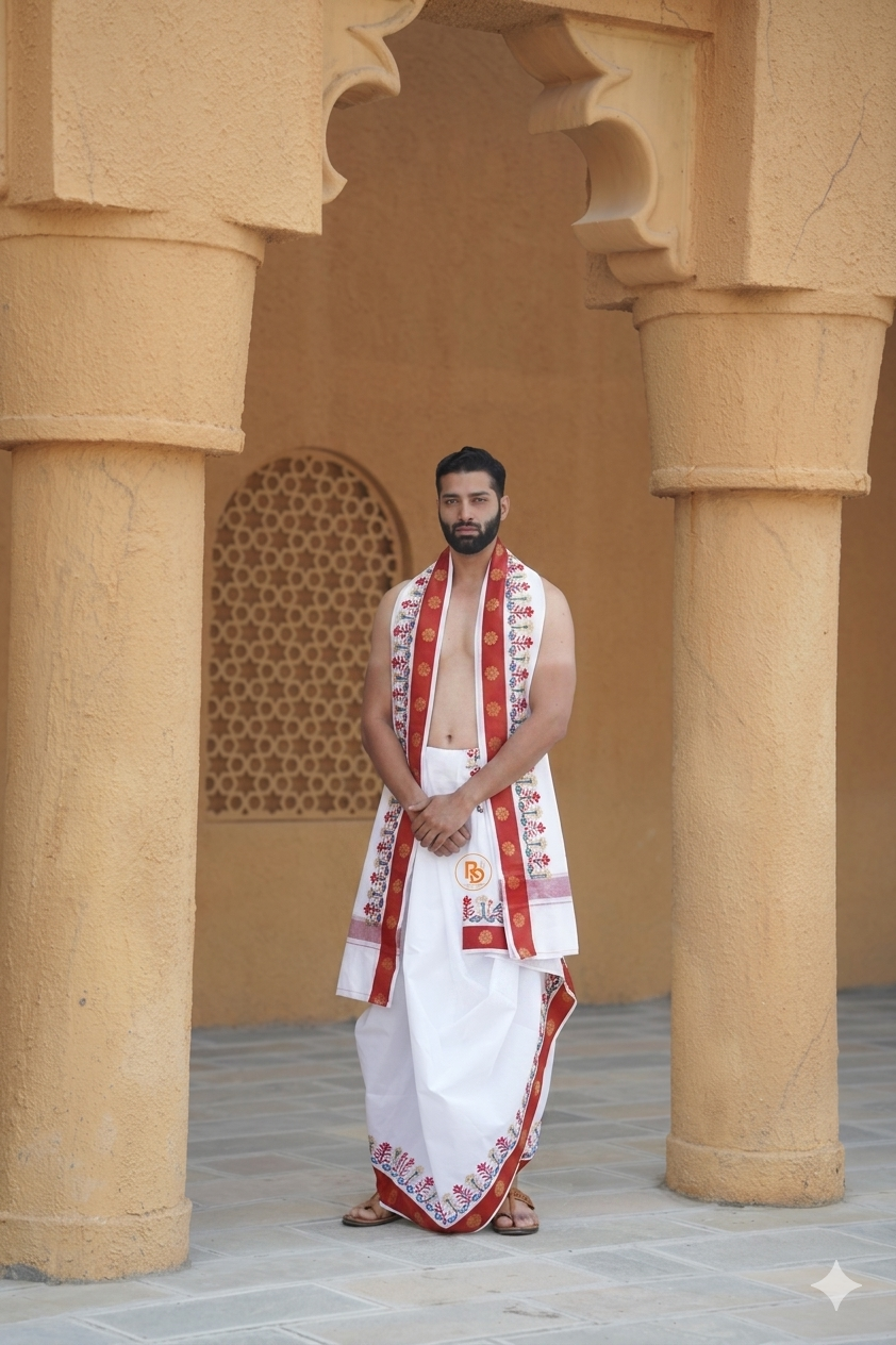 Premium Cotton Dhoti(10 x 6) Set with Deep Red Border & Ethnic Detailing Ratnadeep Dhoti