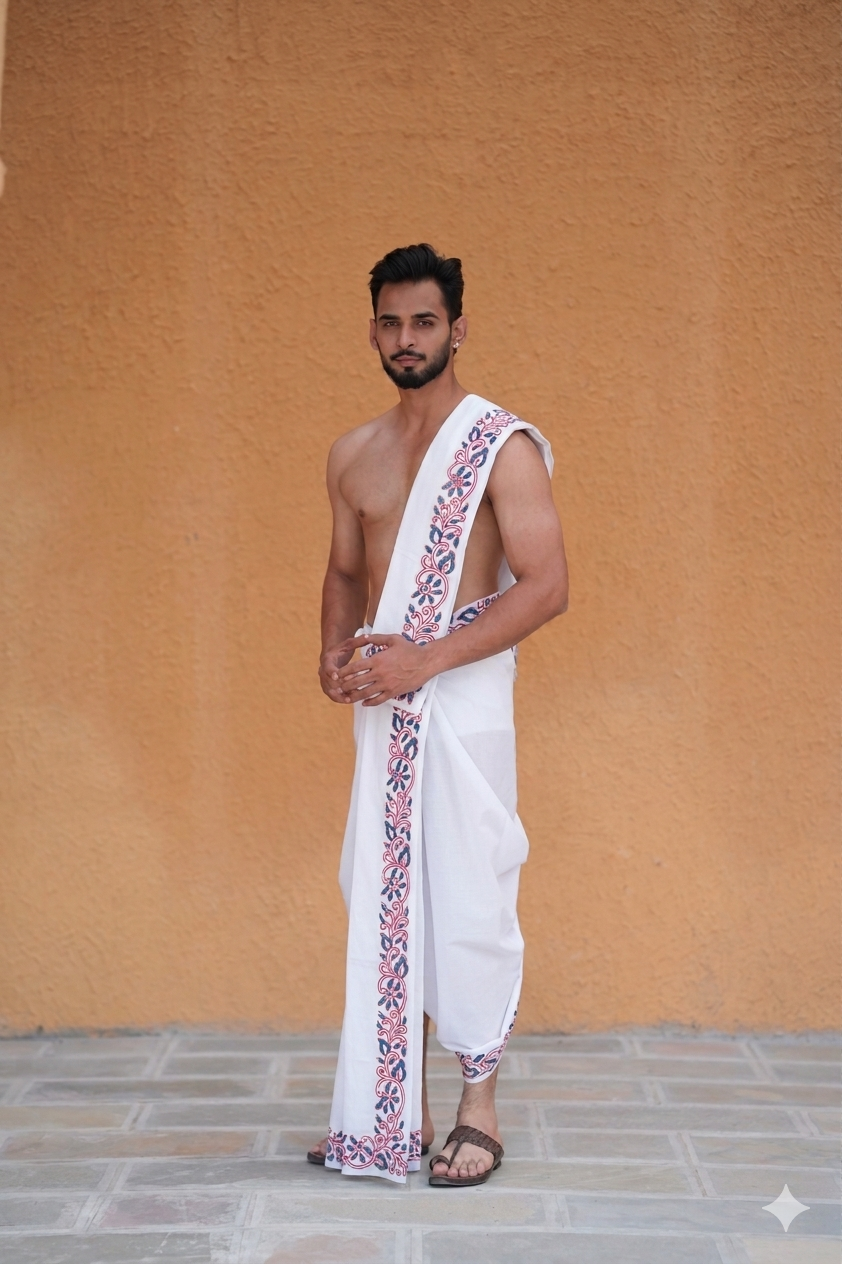 Traditional Hand Block Printed Dhoti (10x6) Set – Rose Pink & Teal Floral on White Ratnadeep Dhoti
