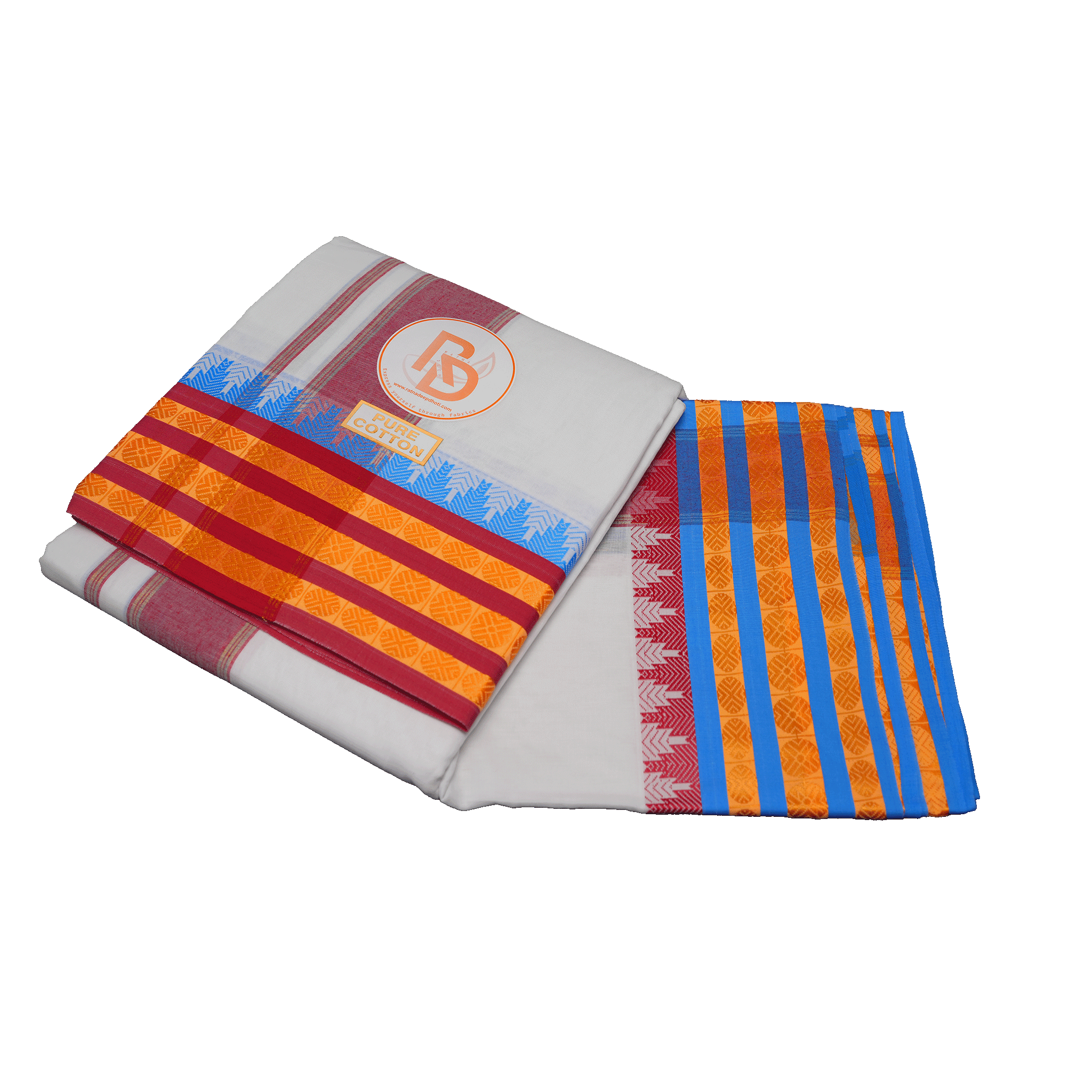 Ethnic Charm White Cotton Dhoti  with Traditional Multicolor Border Ratnadeep Dhoti