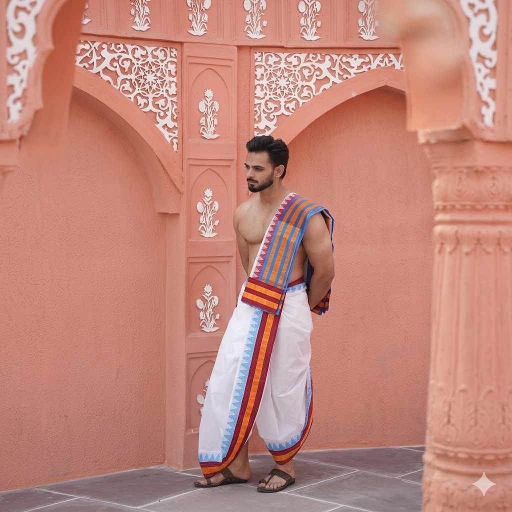 Ethnic Charm White Cotton Dhoti with Traditional Multicolor Border Ratnadeep Dhoti
