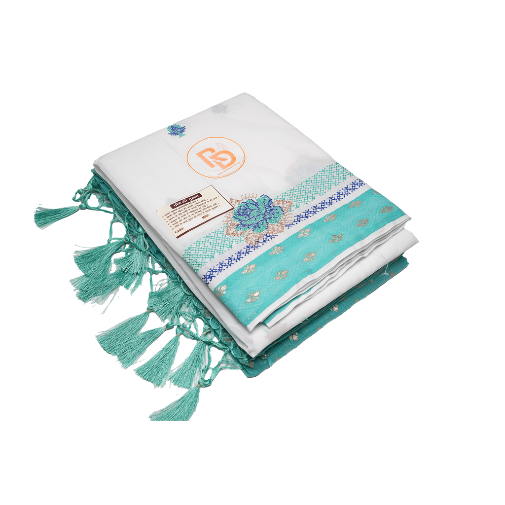 Aqua green bordered white pure cotton dhoti with matching gamchha