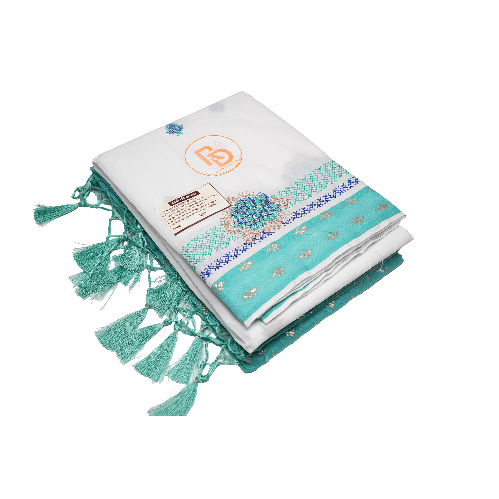 Aqua green bordered white pure cotton dhoti with matching gamchha