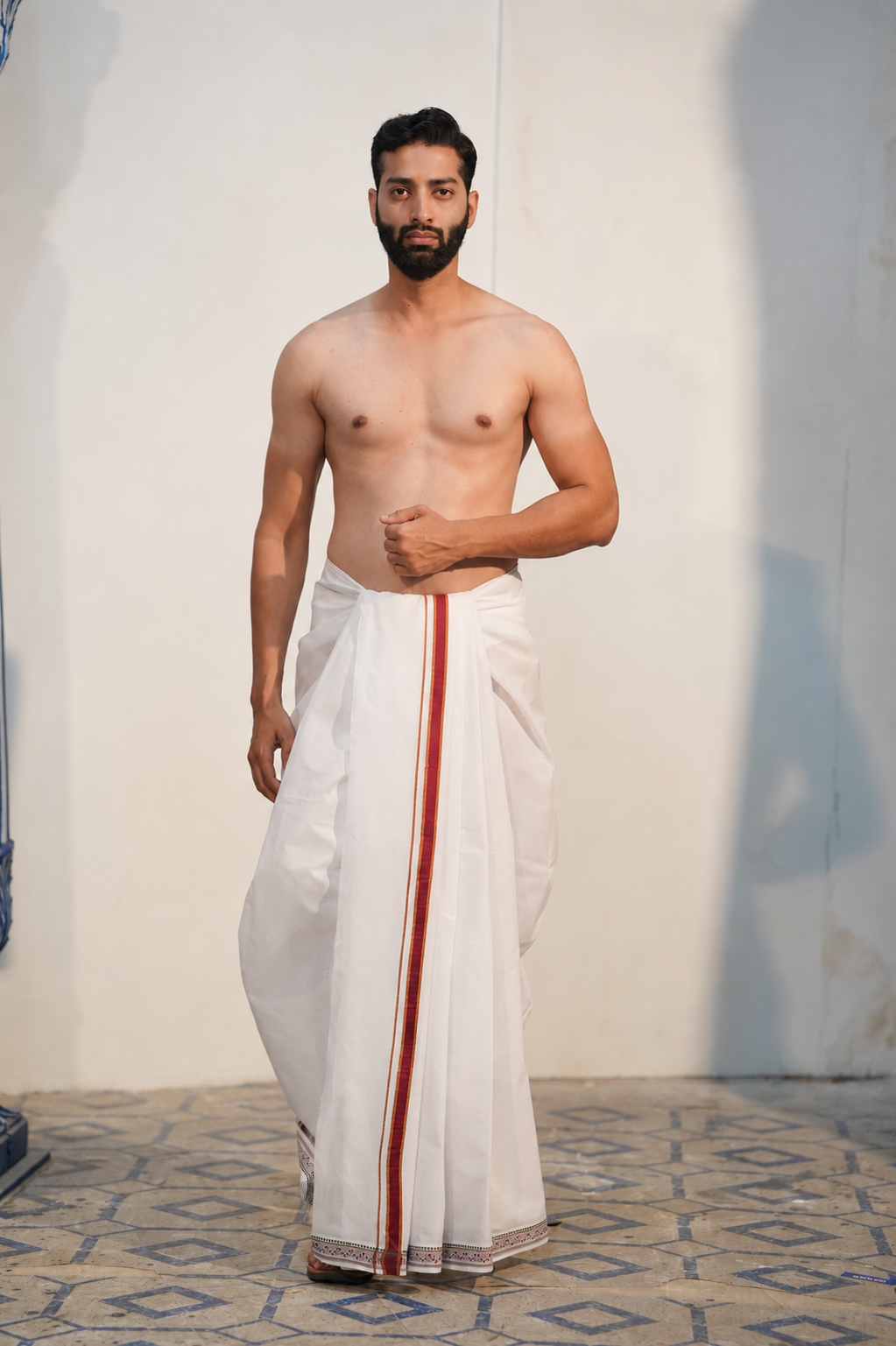 Saptagiri 1-Inch Border White Cotton Dhoti (4.5 mtr) for Men