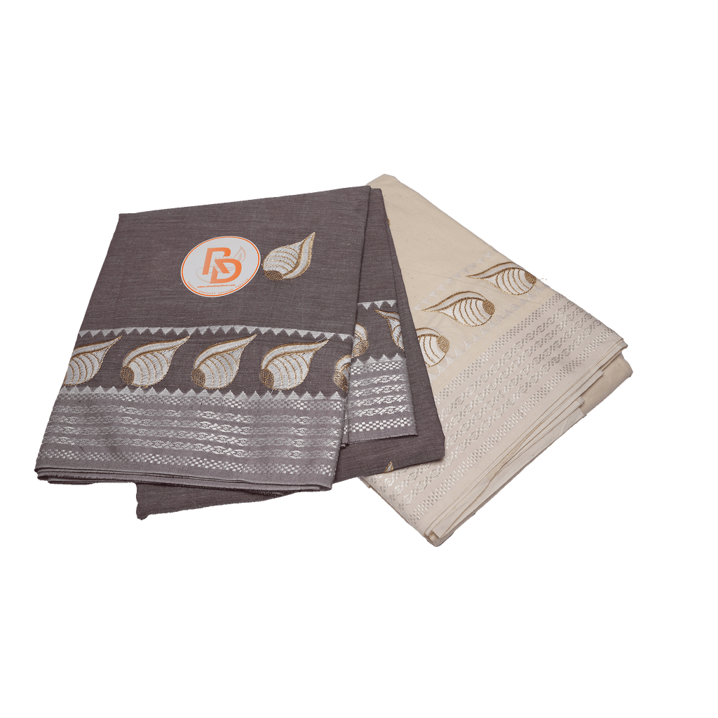 Brown Cotton Dhoti with Uparana | Silver Border & Shell Design Dhoti Set