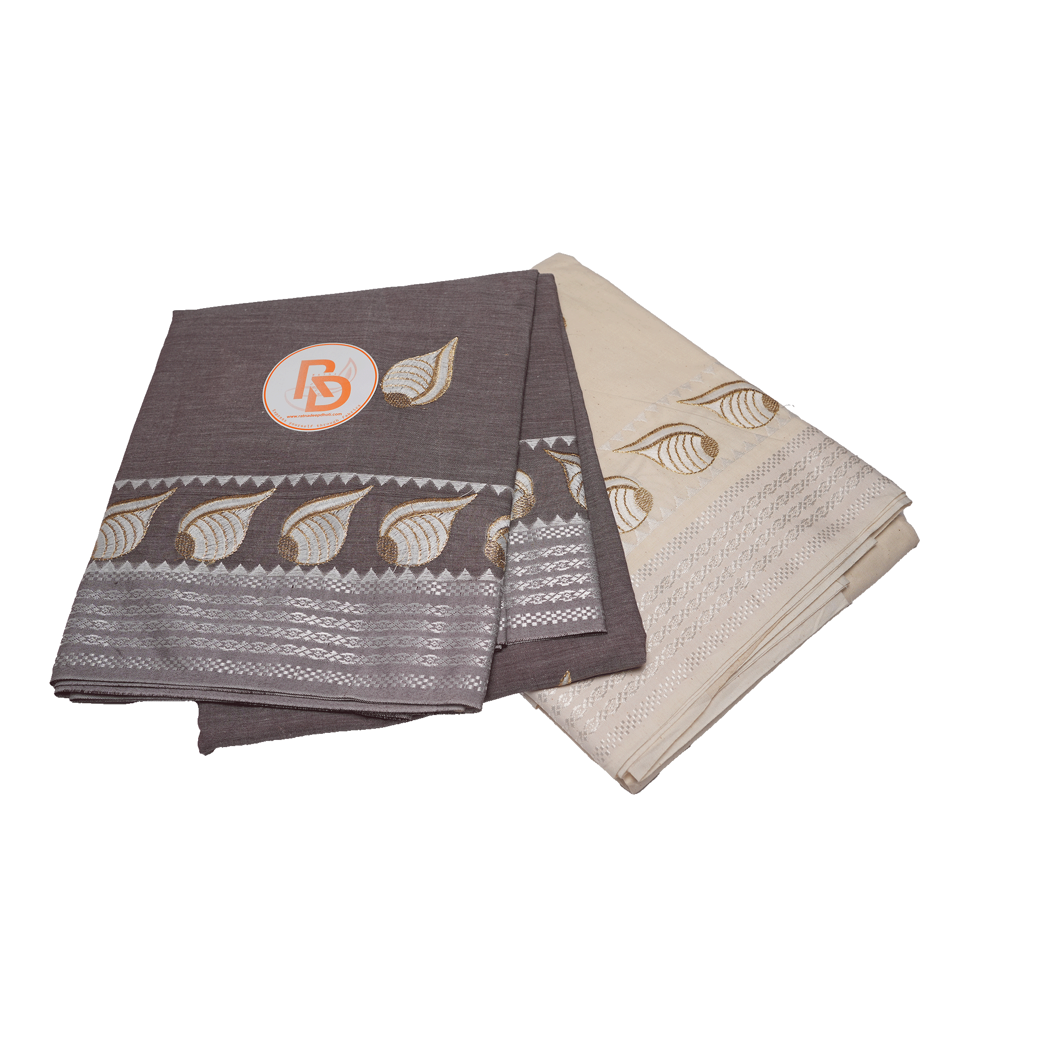 Brown Cotton Dhoti with Uparana | Silver Border & Shell Design Dhoti Set