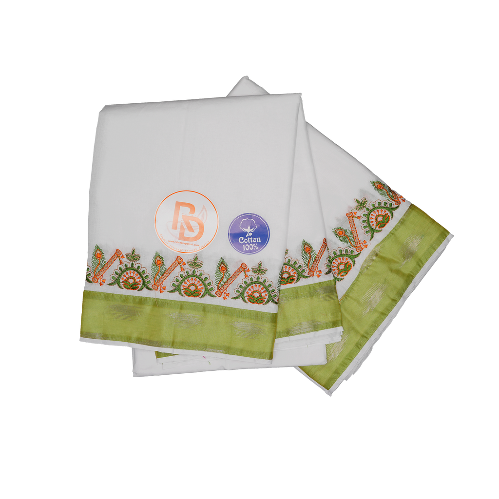 White dhoti set with mehndi border and flute embroidered design on a white dhoti