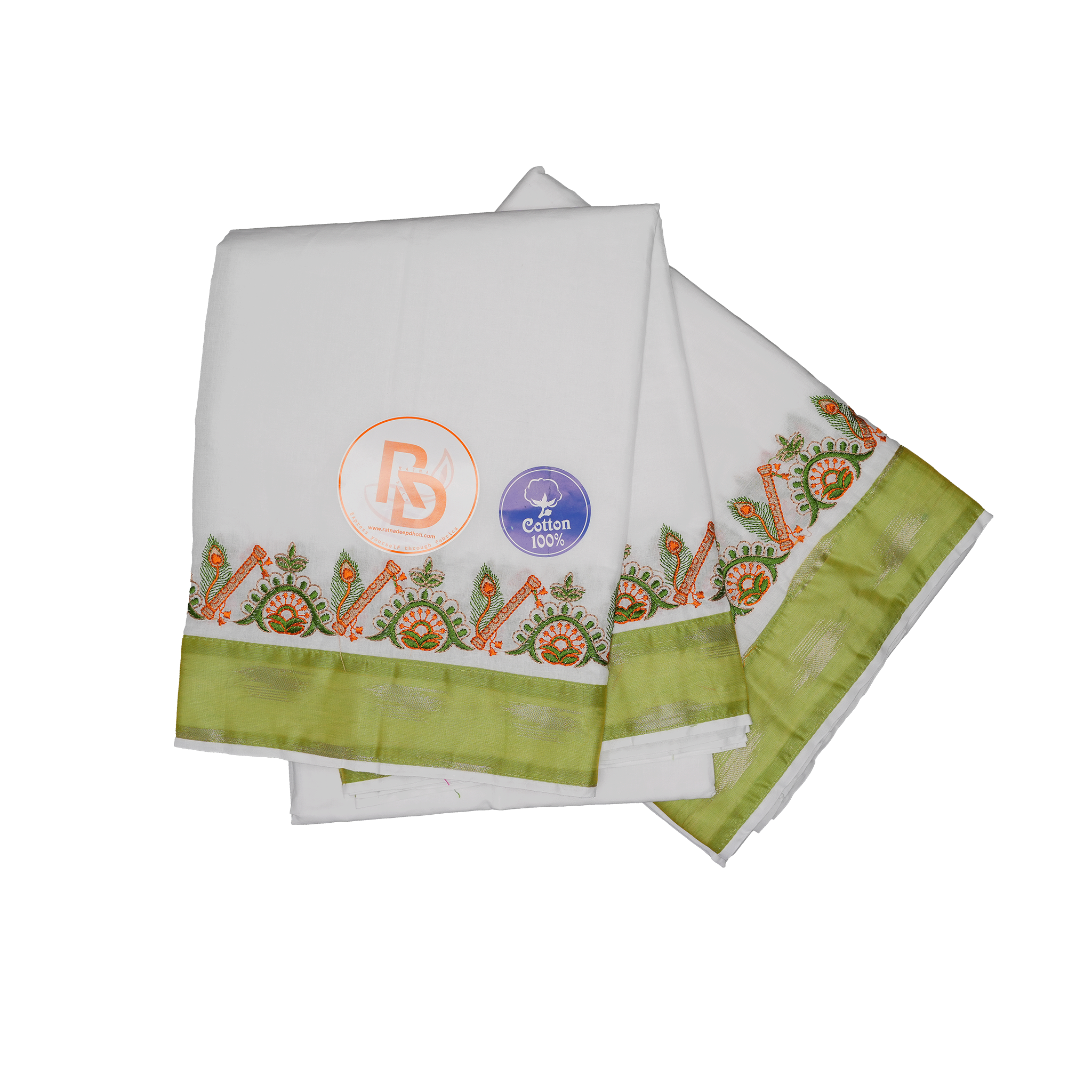 White dhoti set with mehndi border and flute embroidered design on a white dhoti