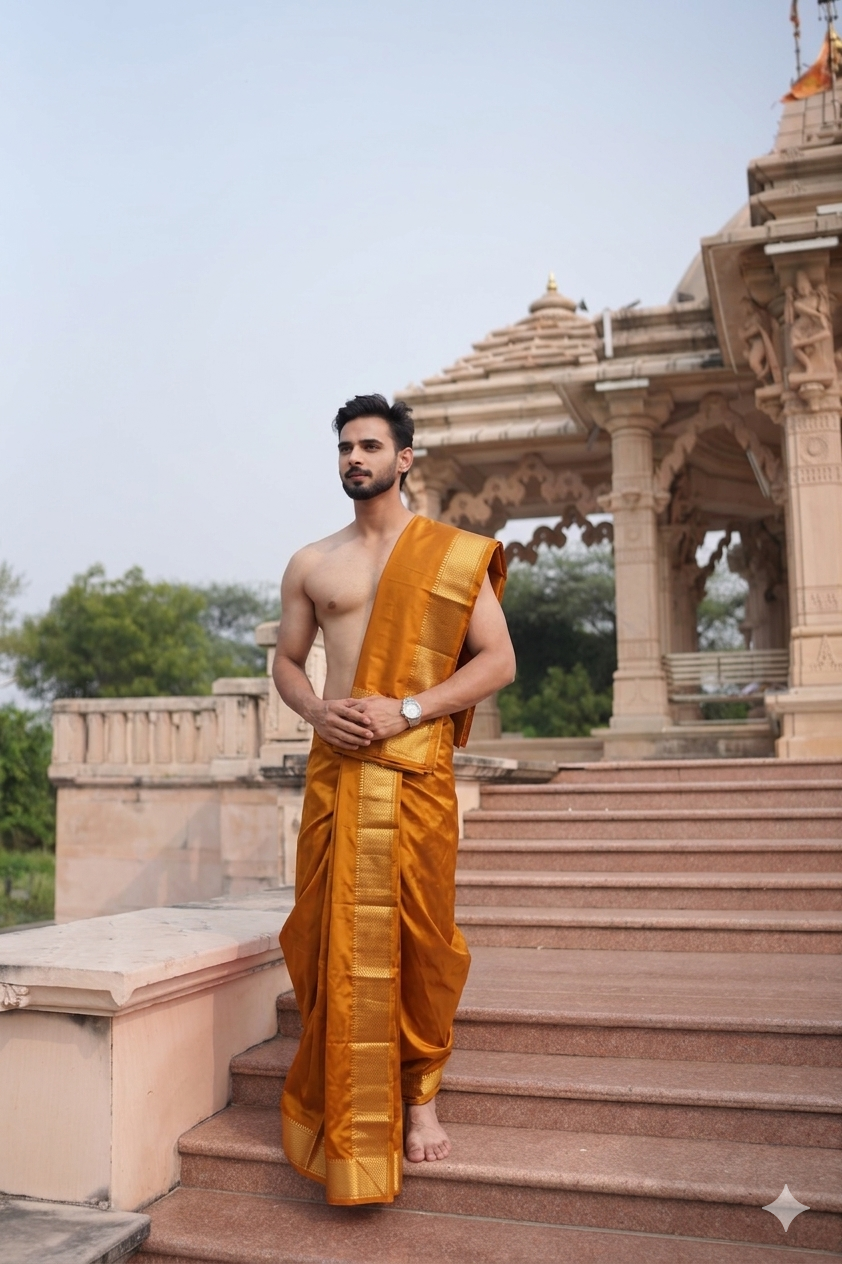Man wearing a orange dhoti with matching uparana