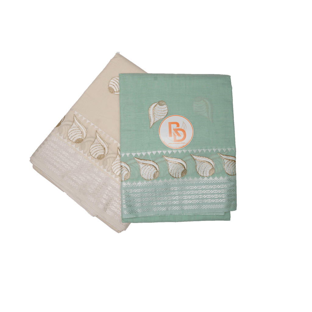 Stylish God Vishnu Shankh Design Dhoti with Cream Uparana
