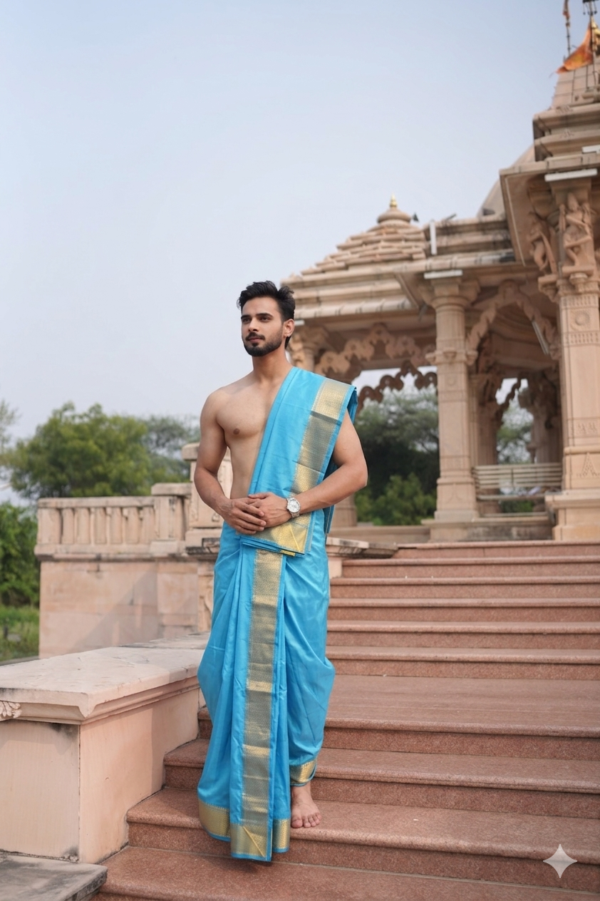 Man wearing a blue Dhoti standing on steps in a temple 