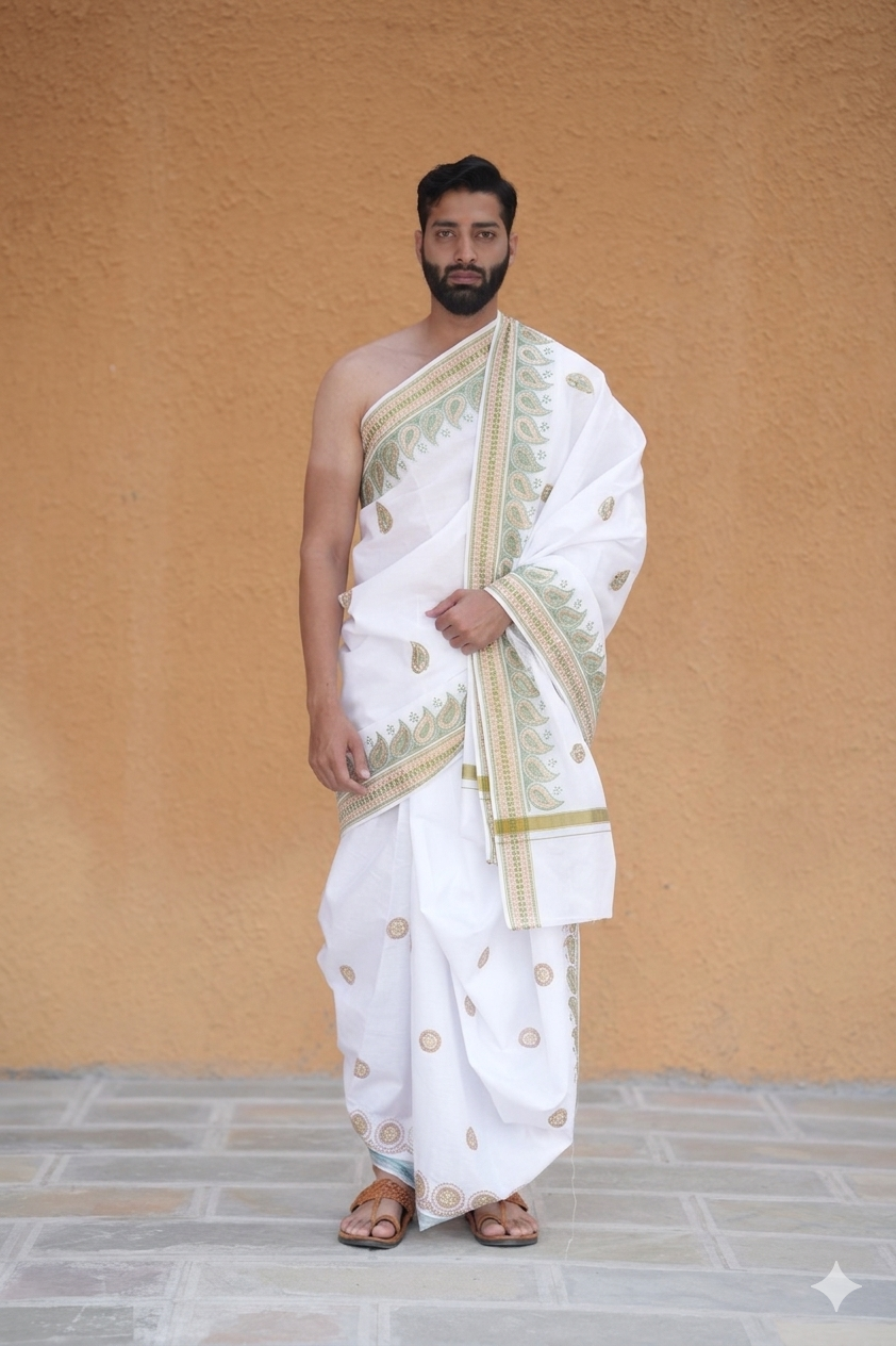 Man wearing a white dhoti with gold patterns
