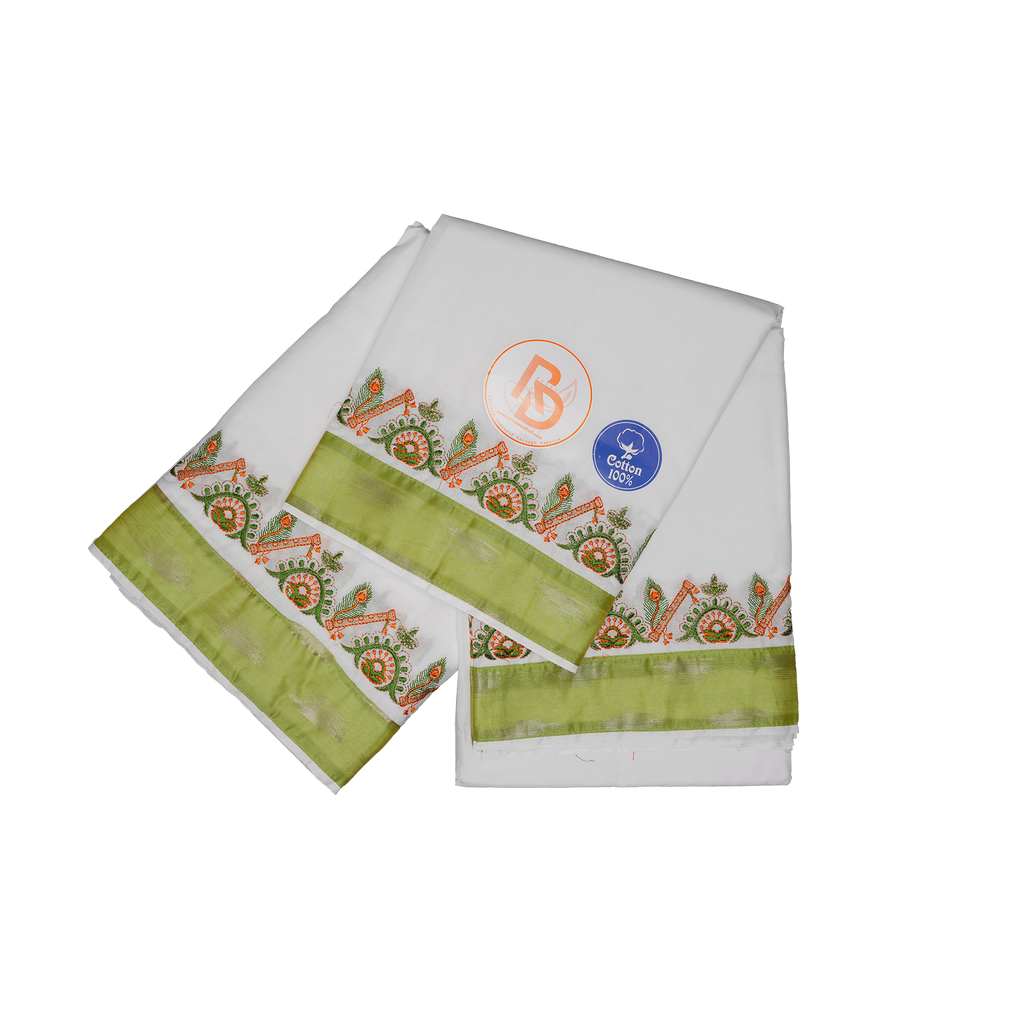 White dhoti set with mehndi border and flute embroidered design on a white dhoti