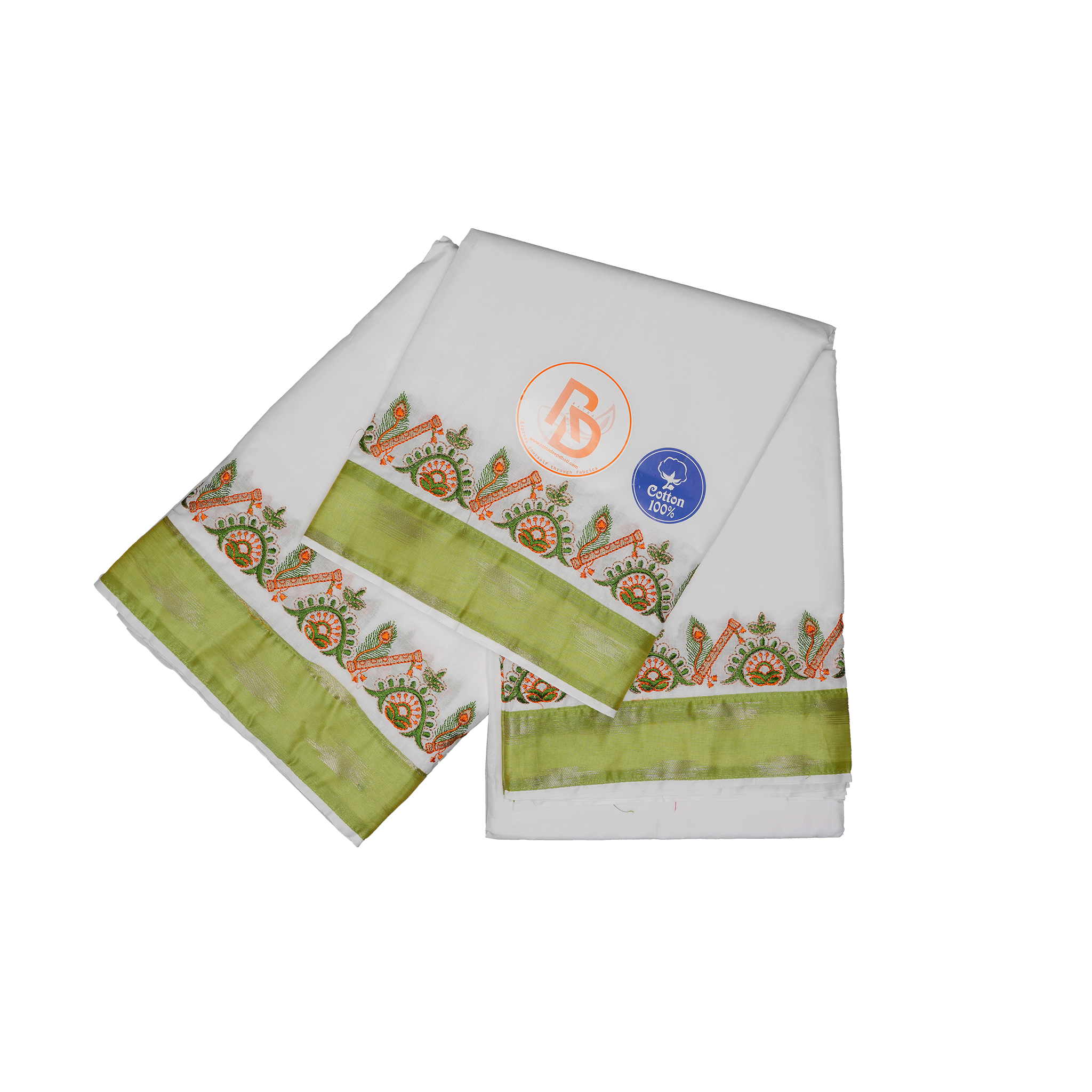 White dhoti set with mehndi border and flute embroidered design on a white dhoti