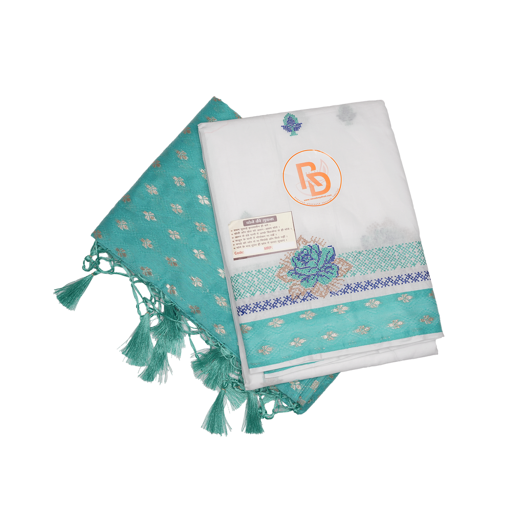 Aqua green bordered white pure cotton dhoti with matching gamchha