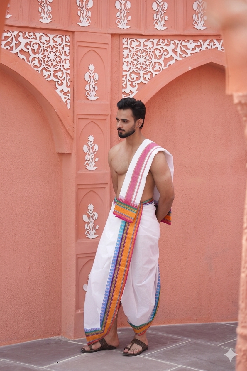 Man wearing a pure cotton dhoti with a colorful khesh