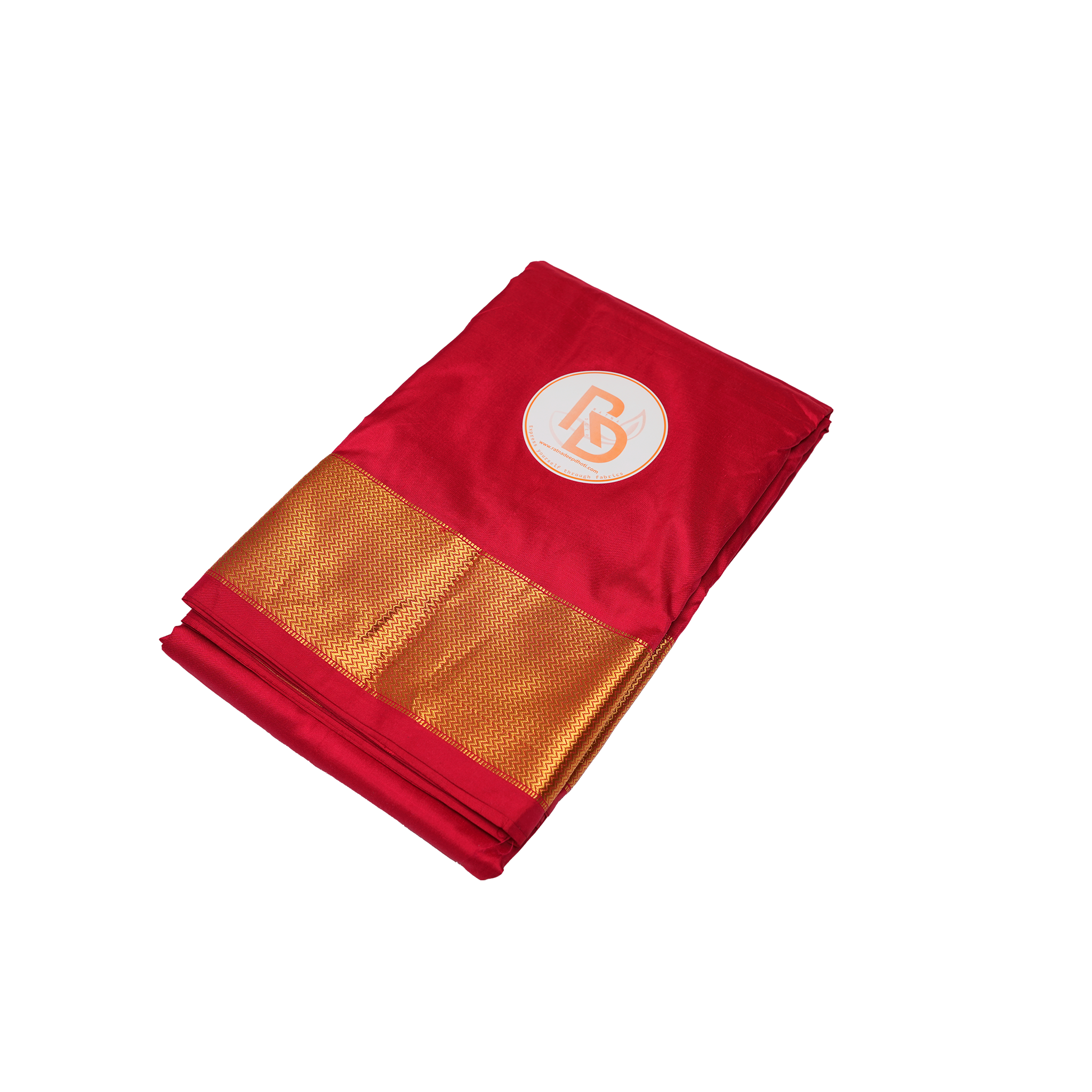 Pure silk red dhoti with golden zigzag pattern border