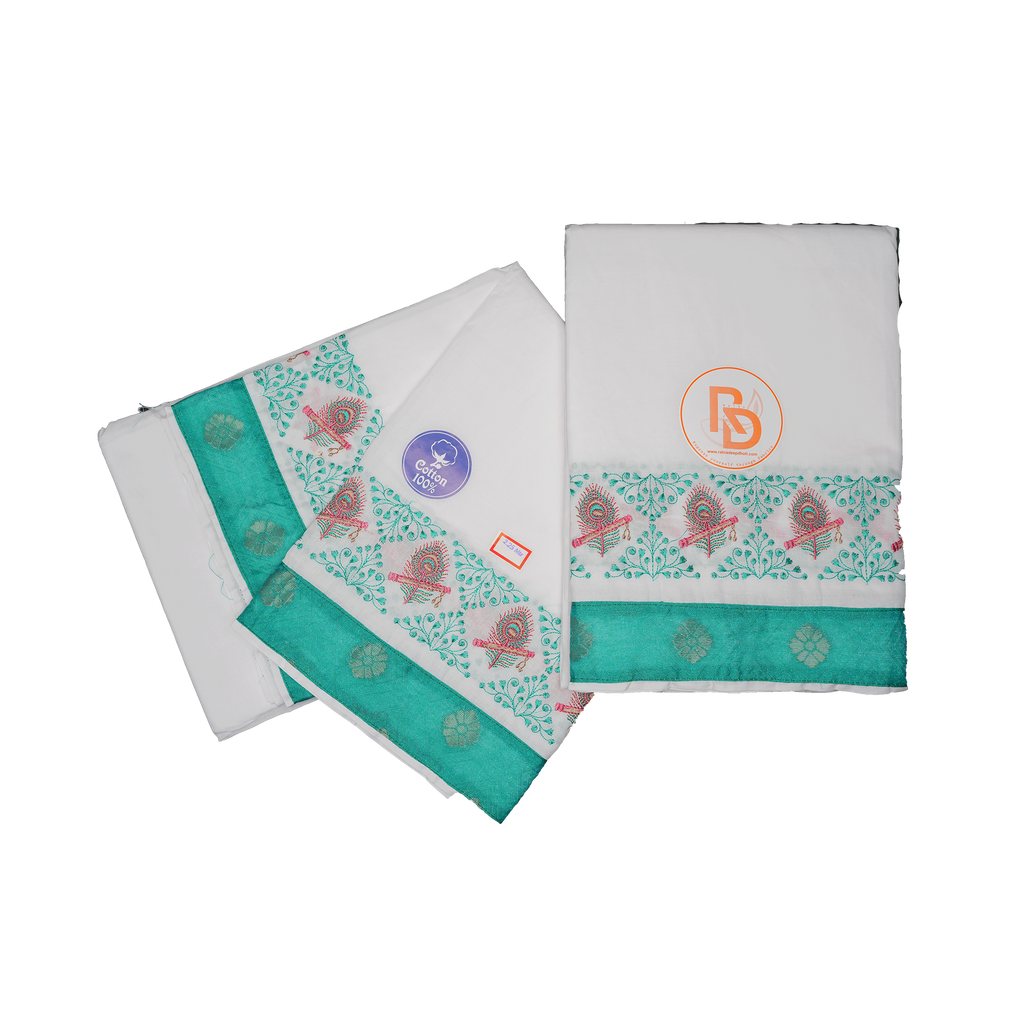 White Cotton Dhoti Set with Teal Green Peacock Feather Jacquard Border