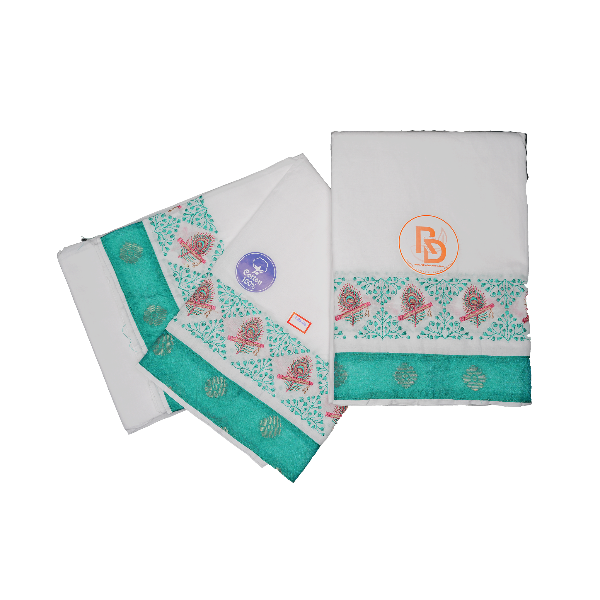 White Cotton Dhoti Set with Teal Green Peacock Feather Jacquard Border